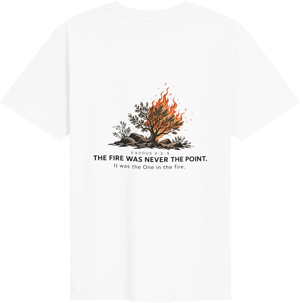 White Bushfire Collection tee with burning bush artwork